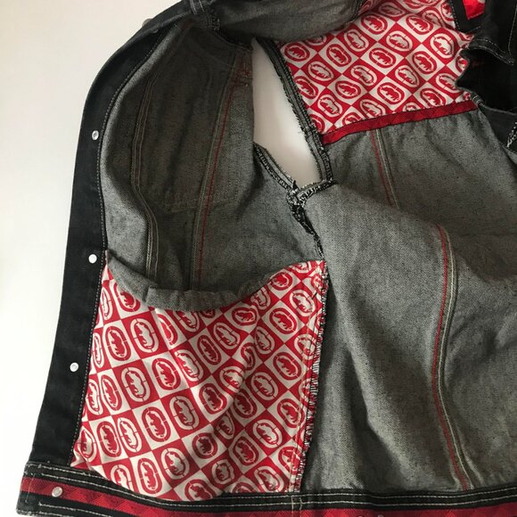 ECKO UNLIMITED Mens MEDIUM Trucker Button Down Denim Vest Black Gray Red Y2K - Picture 3 of 11